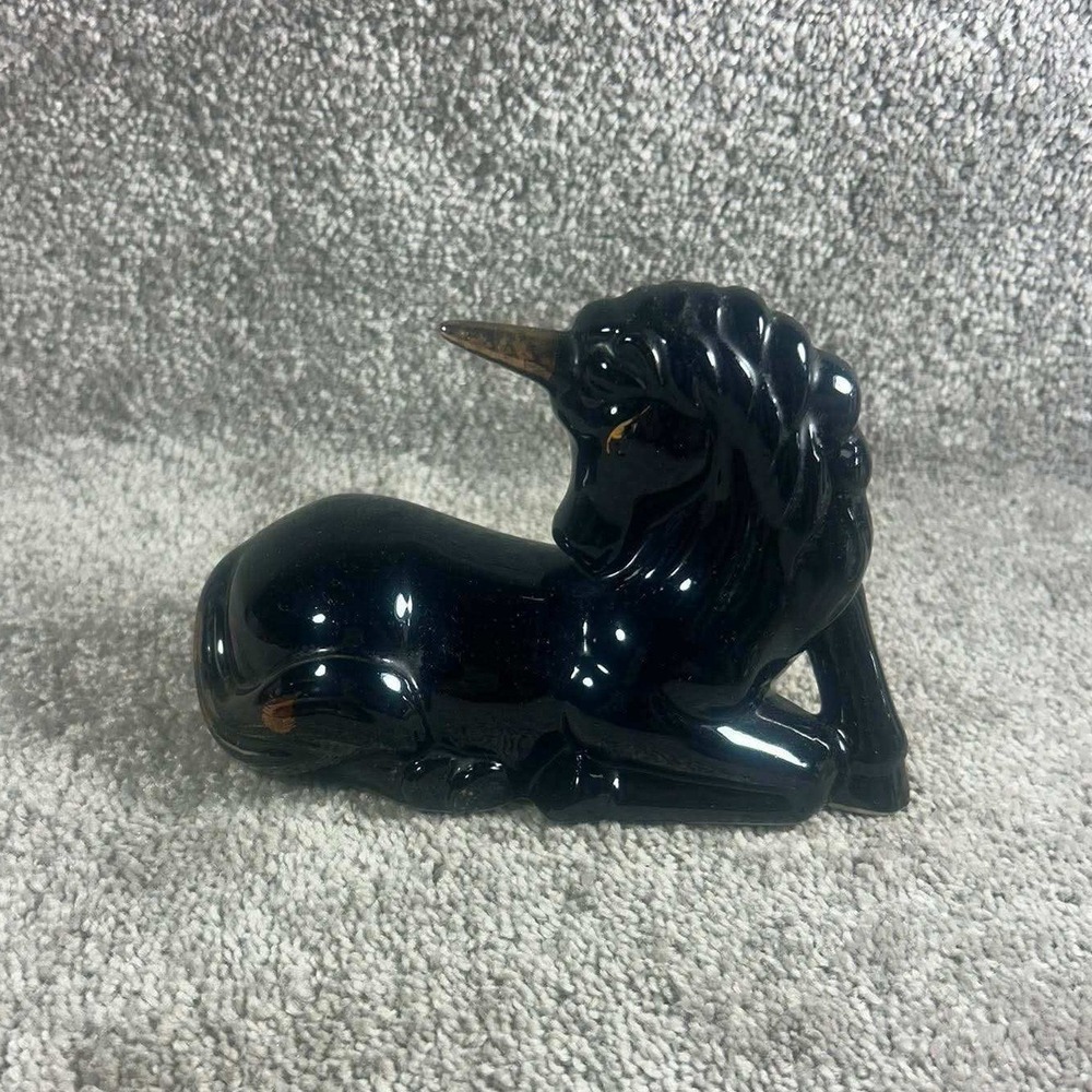 Unicorn Figurine Black Gold Ceramic Reclining Mythical Decor Vintage Small 6.5in
